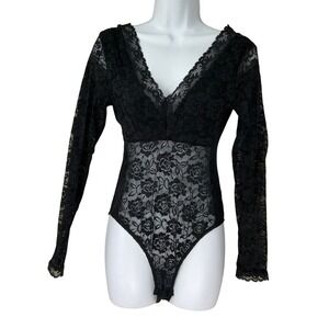 HM Divided Black Floral Lace Long Sleeve Bodysuit Sz M GothRomantic Whimsigoth